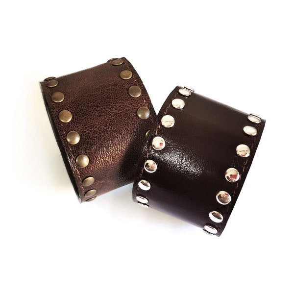 Brown leather cuff bracelet or leather bracelet with studs