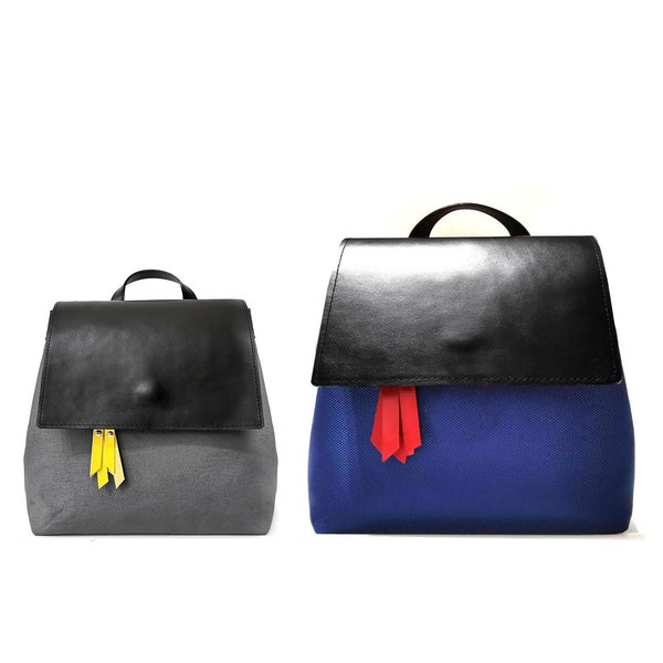 Womens backpack as gift for her, leather and fabric backpack, convertible backpack