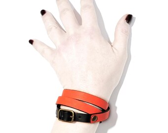 Orange & Black Leather Wrap Bracelet - Handmade Italian Cuff