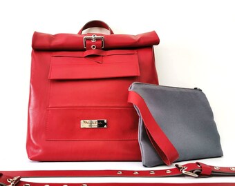 Red leather backpack women or convertible backpack, roll top backpack or diaper bag backpack, red bags