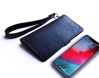 Black leather iphone wallet case or leather wristlet wallet, leather iphone x case or iphone wallet case