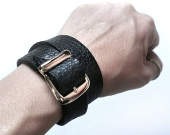 Black leather cuff bracelet or mens leather bracelet, wrap bracelet or wide wristband