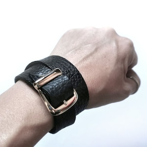 Black leather cuff bracelet or mens leather bracelet, wrap bracelet or wide wristband