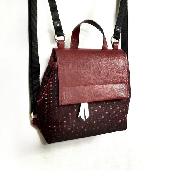 Burgundy small leather backpack women, convertible backpack or fabric backpack purse
