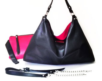 Black leather hobo bag purse or soft leather bag, crossbody hobo bags, large leather bag