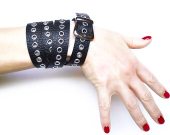 Punk Rock black leather bracelet, wide leather cuff with eyelets, wrap leather bracelet or studded cuff