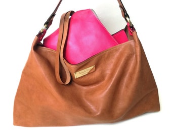 Soft leather hobo bag, brown and pink crossbody hobo