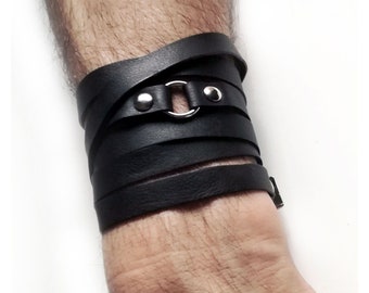 Mens leather wrap bracelet, black leather cuff, mens bracelet as boyfriend gift