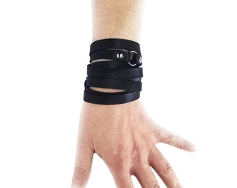 Womens black leather cuff, wrap bracelet or leather bracelets as gifts for her