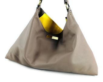 Large leather hobo bag or gray and yellow crossbody hobo, leather bag women