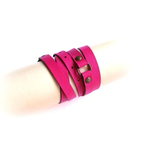Pink Leather Wrap Bracelet for Her, Pink Bracelet, Womens Bracelets, Leather Bracelet, Multi Wrap Cuff Pink Jewels