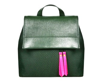 Mini backpack or small crossbody bag, pink and green bag, convertible backpack or leather backpack women