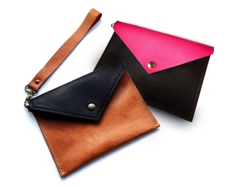 Small leather pouch or cash envelope wallet, passport wallet or envelope clutch, leather key holder