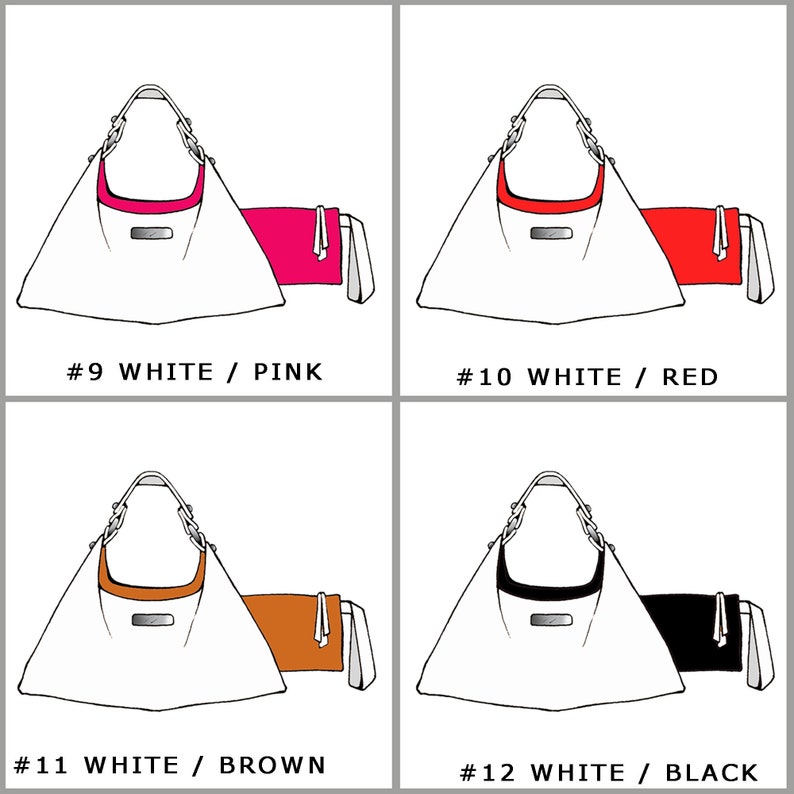 May include: Four illustrations of a white triangular handbag with a contrasting colored pouch. The handbags are labeled with numbers and color combinations: #9 White/Pink, #10 White/Red, #11 White/Brown, #12 White/Black.