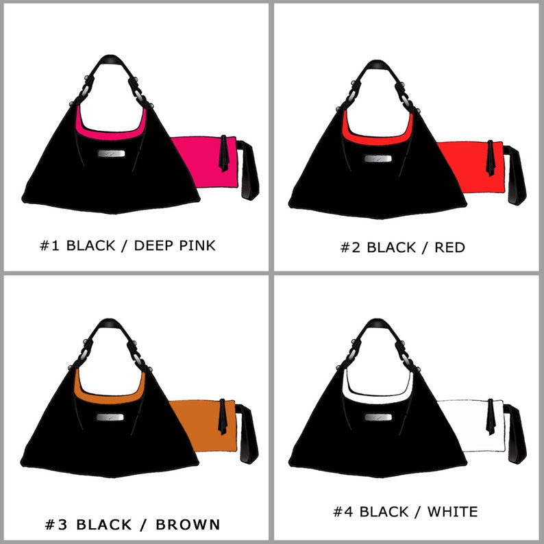 May include: Four black triangular handbags with different colored detachable pouches. The pouches are deep pink, red, brown, and white.
