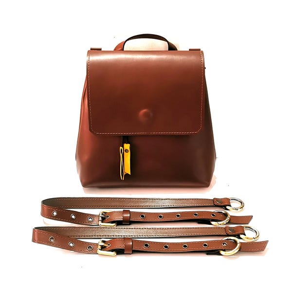 Brown leather backpack or mini backpack women, genuine leather convertible backpack purse
