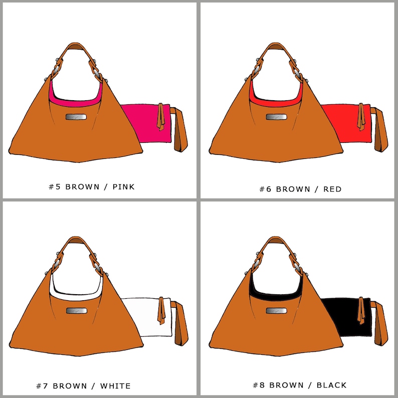 May include: Four illustrations of brown leather handbags with different colored fabric pouches. The handbags are triangular in shape with a single strap. The pouches are pink, red, white, and black.