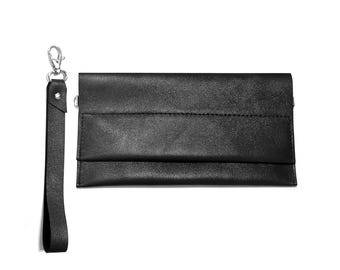 Black leather clutch or Small leather bag / Cross body bag