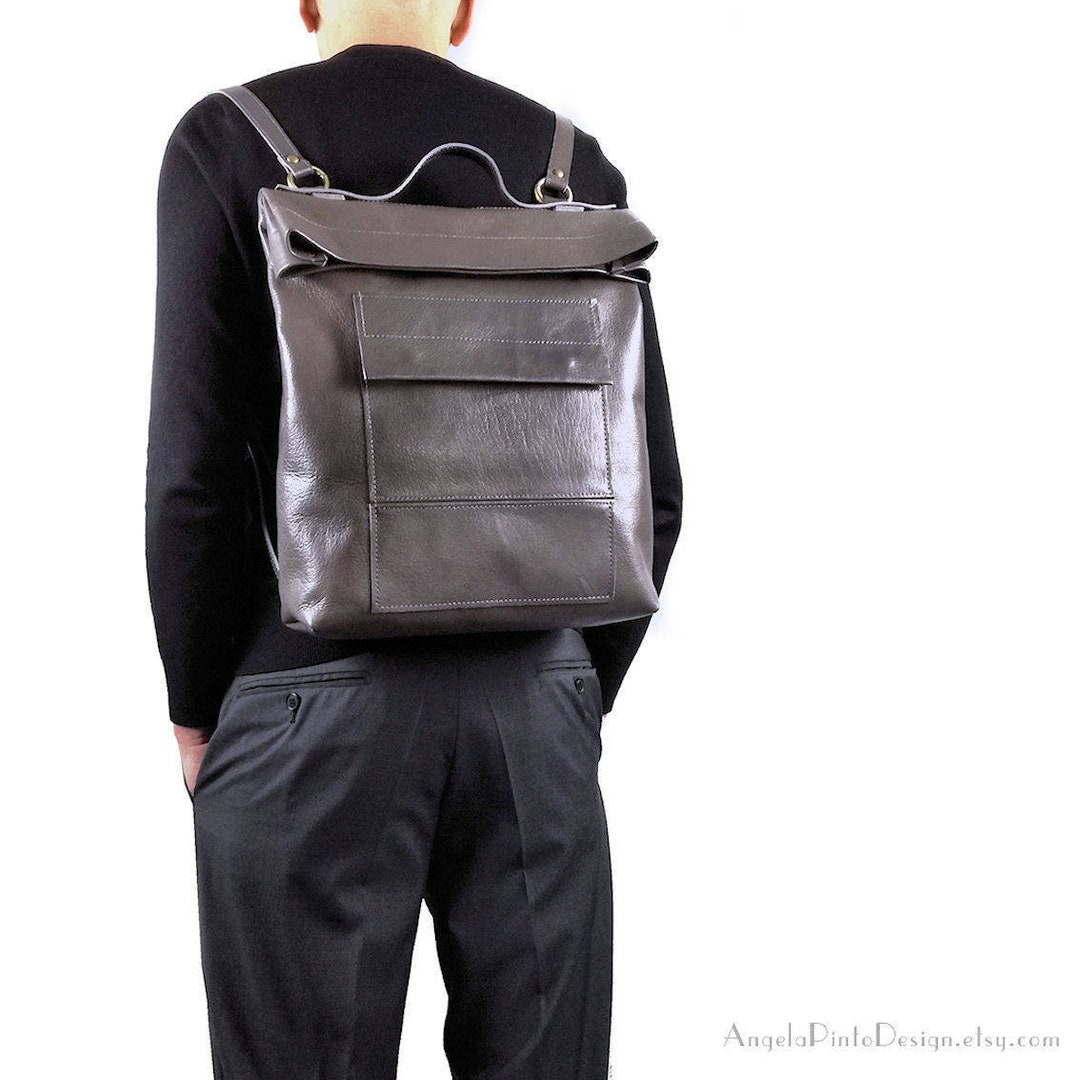 Convertible Grey Leather Backpack Men Laptop Backpack or Etsy