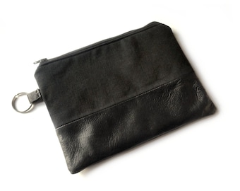 Black zipper pouch in leather and fabric, Toiletry bag, Travel pouch for men and women, Makeup bag