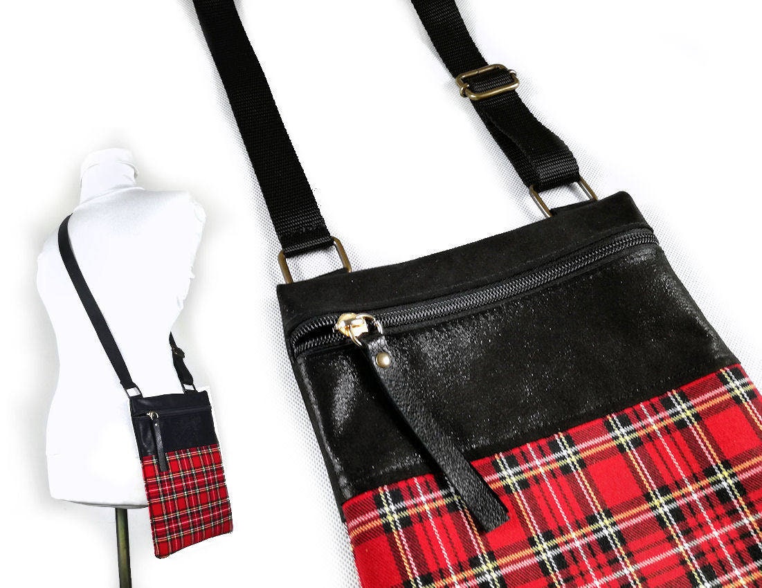 Red plaid fabric and black leather crossbody bag small Etsy