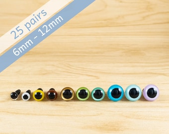 25 Pairs Color Safety Eyes -- Clear, White, Yellow, Blue, Brown, Green, Gold, Purple -- 6mm, 8mm, 10mm, 12mm -- for amigurumi, crochet doll