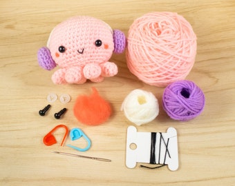 Krake Häkelset - Krake Bastelset - DIY Amigurumi Krake mit Kopfhörer Plüsch - Häkelliebhaber Geschenk