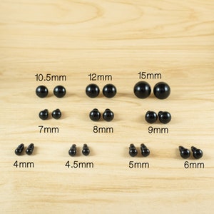 Black Safety Eyes Sample Pack - 4mm, 4.5mm, 5mm, 6mm, 7mm, 8mm, 9mm, 10.5mm, 12mm, 15mm - 5 pairs each  -- for amigurumi, dolls