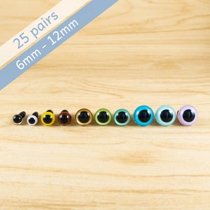 25 Pairs Color Safety Eyes -- Clear, White, Yellow, Blue, Brown, Green, Gold, Purple -- 6mm, 8mm, 10mm, 12mm -- for amigurumi, crochet doll