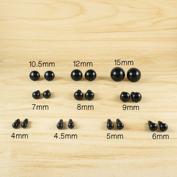 Black Safety Eyes Sample Pack 4mm, 4.5mm, 5mm, 6mm, 7mm, 8mm, 9mm, 10.5mm,  12mm, 15mm 5 Pairs Each for Amigurumi, Dolls 