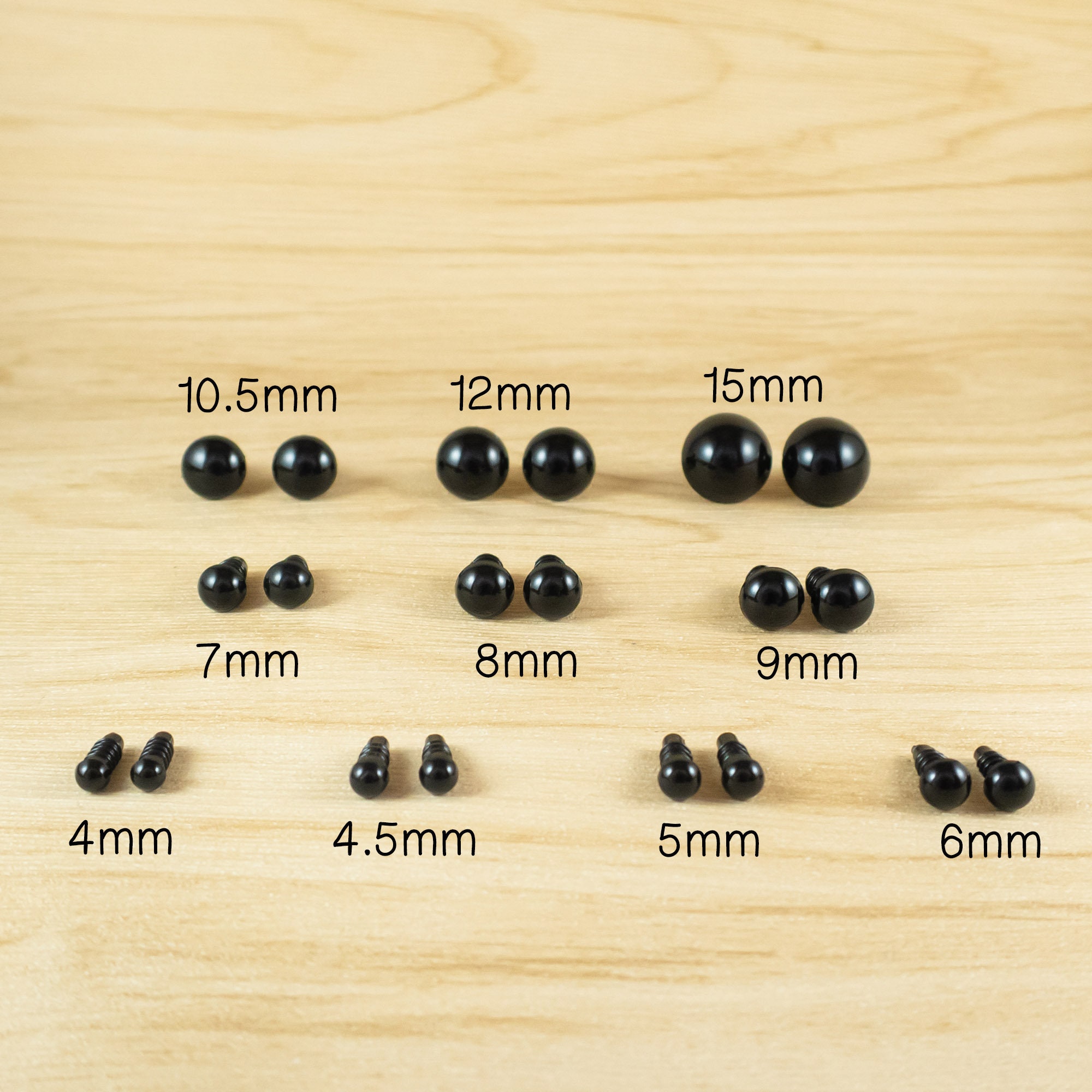 Black Safety Eyes Sample Pack 4mm, 4.5mm, 5mm, 6mm, 7mm, 8mm, 9mm