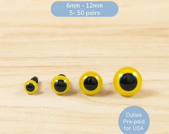 Ojos de seguridad amarillos (6 mm, 8 mm, 10 mm, 12 mm) para amigurumis, muñecas, animales de peluche y ositos de peluche.