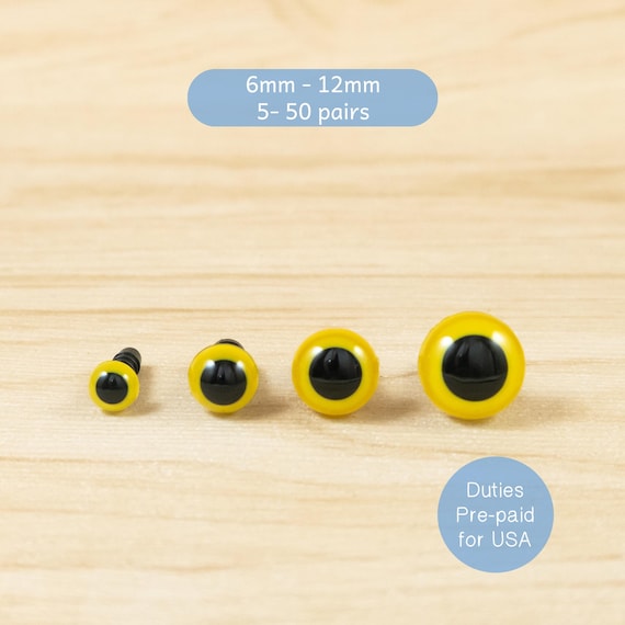 Yellow safety eyes -- 6mm, 8mm, 10mm, 12mm -- for amigurumi, dolls, stuffed animals, teddy bears