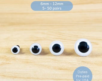 White Safety Eyes -- 6mm, 8mm, 10mm, 12mm --  for amigurumi, stuffed animals, dolls, puppets