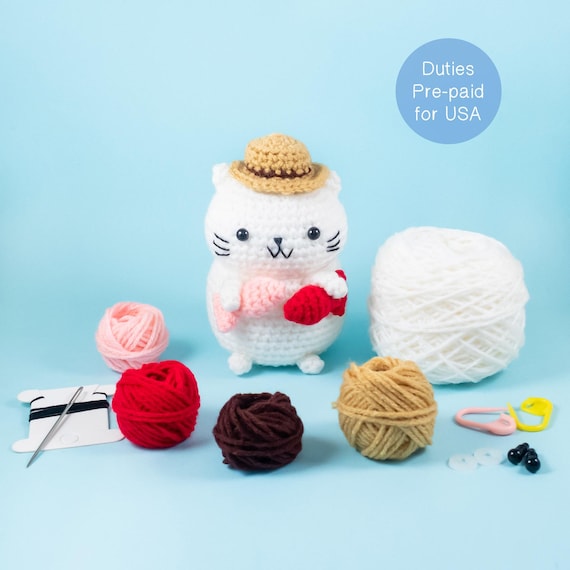 Fisherman Cat crochet kit - Cat Amigurumi Kit - DIY Kitty Stuffed Animal Plush Tutorial with Materials  - Fisherman Gift - Cat Lady Gift