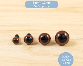 Ojos de seguridad marrones (6 mm, 8 mm, 10 mm, 12 mm) para amigurumi, peluches de ganchillo, animales de peluche y marionetas.
