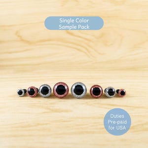 Glitter Safety Eyes Sample Pack, Single Color in 4 sizes, 3 pairs each size - 6mm, 8mm, 10mm, 12mm - Pink and Silver