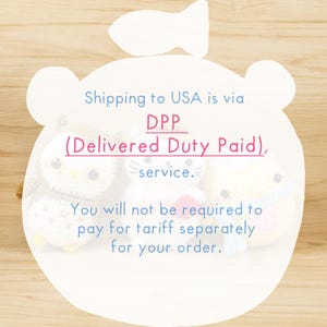 May include: Three handmade crochet animal toys, including an owl and a bear, are displayed on a wooden surface. The image includes text that reads "Shipping to USA is via DPP (Delivered Duty Paid), service."