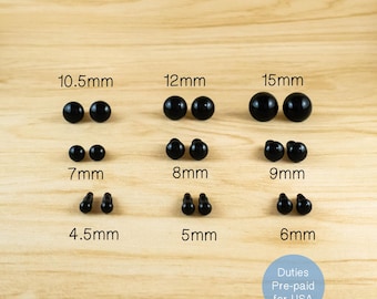 Paquete de muestra de ojos de seguridad negros: 4,5 mm, 5 mm, 6 mm, 7 mm, 8 mm, 9 mm, 10,5 mm, 12 mm, 15 mm (5 pares de cada uno) - para amigurumi y muñecas.