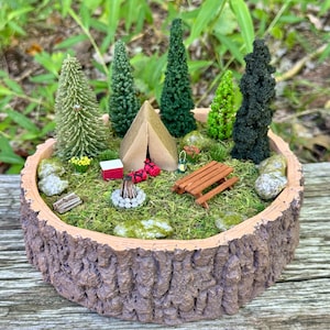 Miniature Camping Scene With Tent Picnic Table Campfire - Camp Life - Miniature Camping - Miniature Tent - Cake Toppers - Camping Diorama