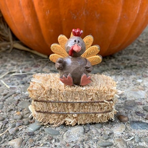 Miniature Turkey On Hay Bale - Your Choice - Miniature Turkey - Thanksgiving Miniatures -Miniature Hay Bale -Cake Toppers -Miniature Pumpkin