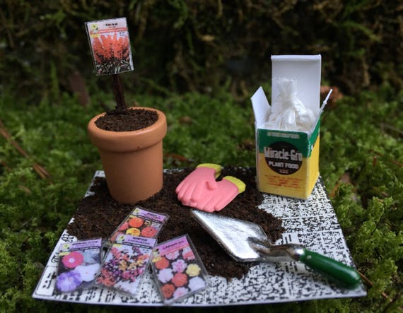 Miniature Dollhouse FAIRY GARDEN ~ Mini Gardening Set in Box Seeds Trowel ~ NEW