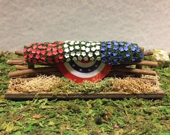 Miniature Dollhouse Wooden Americana Fence With Banner - Miniature Flowers -Miniatures -Fairy Garden -Miniature Garden -Americana Miniatures