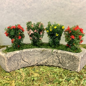 Miniature Curved Stone Planter With Flowers Pink Red Yellow - Miniature Flowers - Fairy Garden - Miniature Garden - Terrarium -Cake Toppers