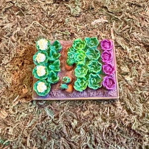 May include: A rectangular garden plot figurine featuring rows of miniature vegetables. The plot contains four white cauliflower heads, several green leafy heads of lettuce, a row of four purple cabbages, and three small orange carrots.