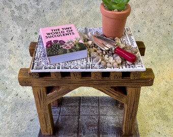 May include: A miniature wooden table with a newspaper-style surface, featuring a small book titled "The Tiny World of Succulents", a small terracotta pot with a succulent plant, and a miniature gardening trowel.