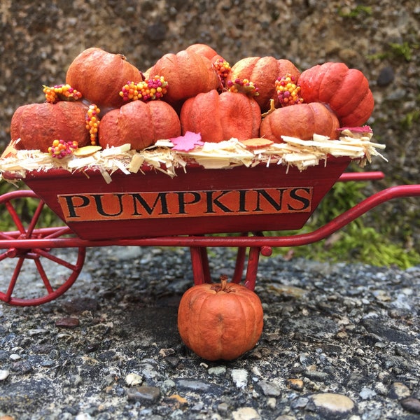 Miniature Dollhouse Red Wheelbarrow With Pumpkins and Leaves - Fairy Garden - Fall Halloween - One Inch Scale -Miniature Pumpkins- Halloween