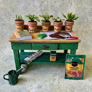 May include: Miniature gardening scene featuring a green table with a wooden top. Five small terracotta pots with herbs are arranged on the table. Other items include a watering can, a book, and a packet of potting mix.