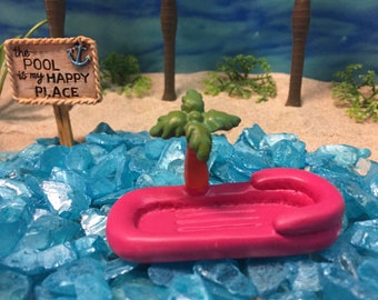 Miniature Pool Raft With Palm Tree - Miniature Beach - Beach Miniatures - Beach Wedding - Wedding Cake Toppers - Beach Terrarium - Wedding