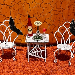 Miniature Bat Chairs And Spider Web Table With Creepy Dinner Set - Halloween Miniatures - Miniature Bat - Fairy Garden-Cake Toppers